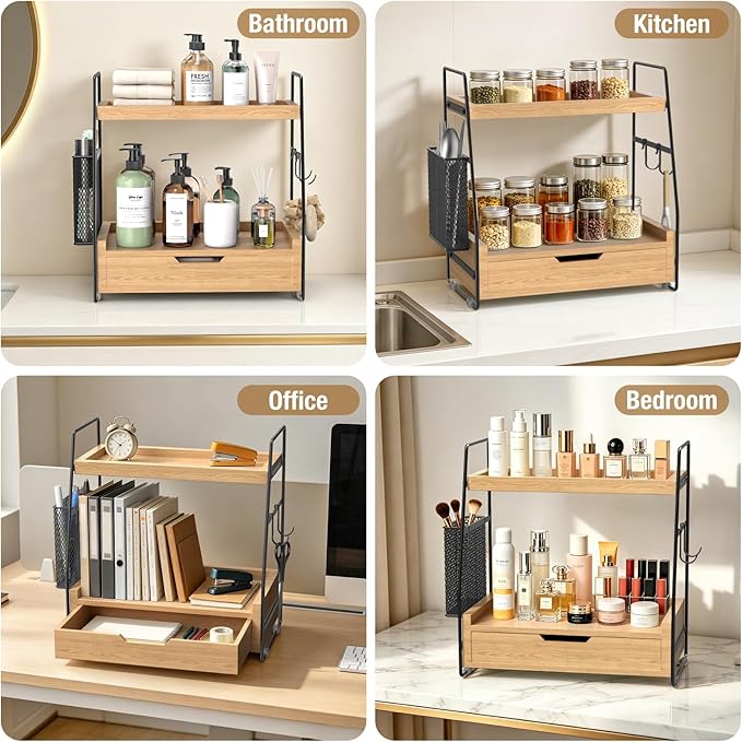 2-Tier Bathroom Counter Organizer with Drawer and Removable Basket, Wood Vanity Countertop Storage for Perfume, Makeup, Skincare, Bathroom Counter Shelf, 13" x 7.9" x 14.5", Light Brown