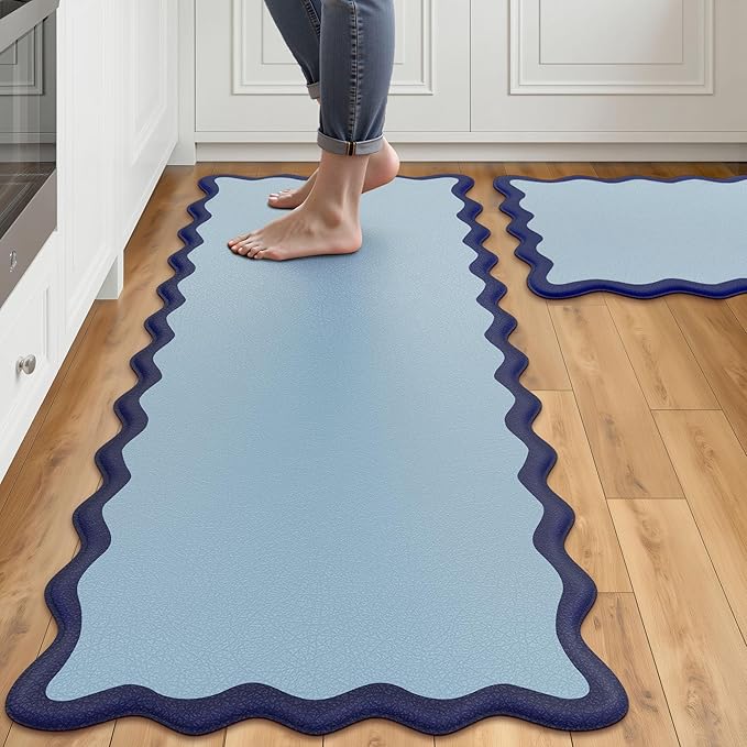 Arenarug Scalloped Navy Blue Kitchen Mats Rugs Sets of 2 Cushioned Anti Fatigue Floor Mat Waterproof Kitchen Rugs Non Slip Foam Comfort Standing Mat for Sink Laundry