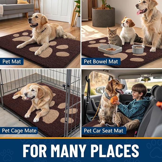 Smiry Dog Door Mat for Muddy Paws, Absorbs Moisture and Dirt, Low-Profile Entryway Mat with Non-Slip Backing, Entry Indoor Outdoor Doormat for Inside Floor (71x47 Inches, Brown, Paw)