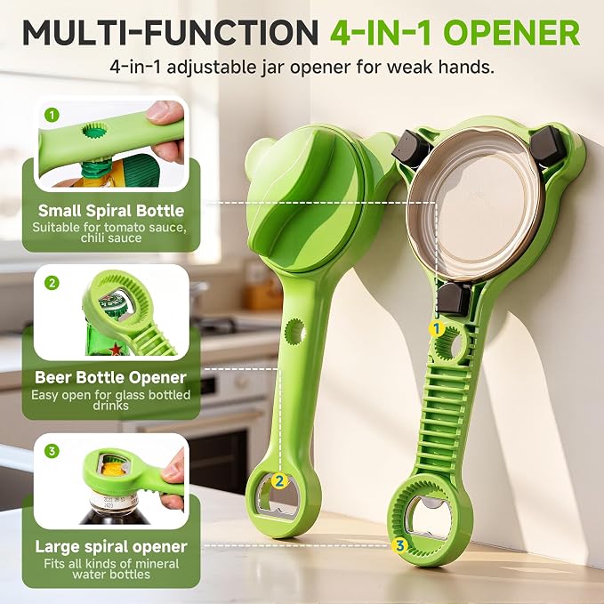 2026 Upgraded 4-in-1 Jar Opener - Adjustable Stainless Steel Lid Remover for Seniors & Arthritis Sufferers, Fits Kitchen Jars, Bottles & Cans Green(2Pcs)