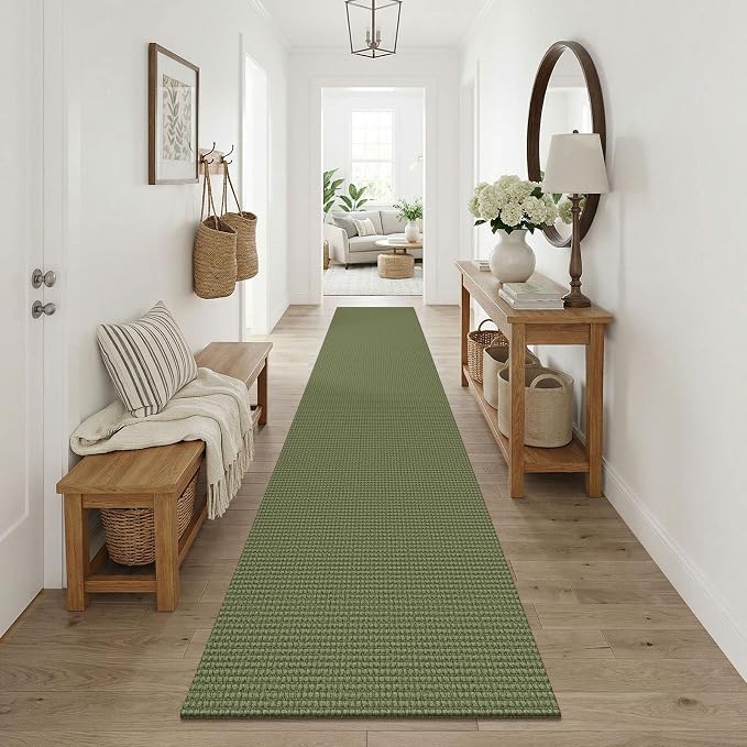 KOZYFLY Cotton Runners Rugs for Hallway 2.5'x10', Washable Runner Rug, Woven Non Slip Kitchen Runner, Braided Entryway Rug, Floor Carpet for Entry, Aisle, Hall, Olive Green/Earthy Green