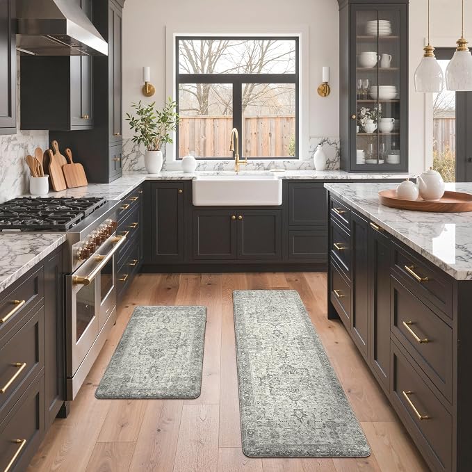 GENIMO Kitchen Mats for Floor 2PCs, Washable Anti Fatigue Mat for Cushioned, 17.3"x59"+17.3"x30", Waterproof Kitchen Rugs, Non Slip Comfort Standing Mat Rug for Home, Sink, Laundry, Stone Gray