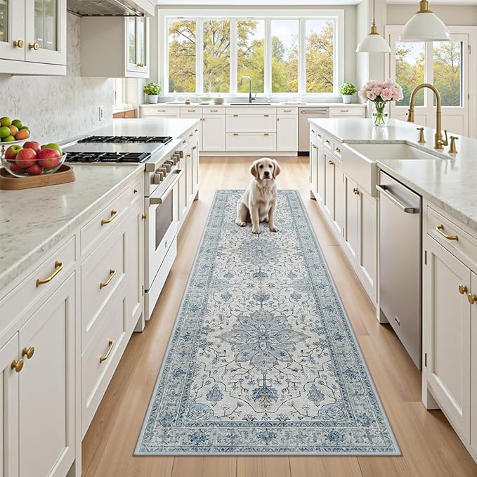 RELEANY Area Rugs Runner 2'x8' Washable Non-Slip, Floral Vintage Distress Medallion Carpet for Kitchen Hallway Bedroom Beside Laundry Room Bathroom, Light Blue Navy Gray White