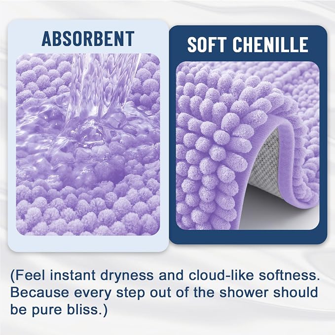Grandaily Chenille Striped Bathroom Rugs 47x24, Extra Thick and Soft Absorbent Bath Mats, Rubber Backing, Plush Shaggy Shower Carpet, Machine Wash Dry, Bath Rug for Bathroom, Light Purple