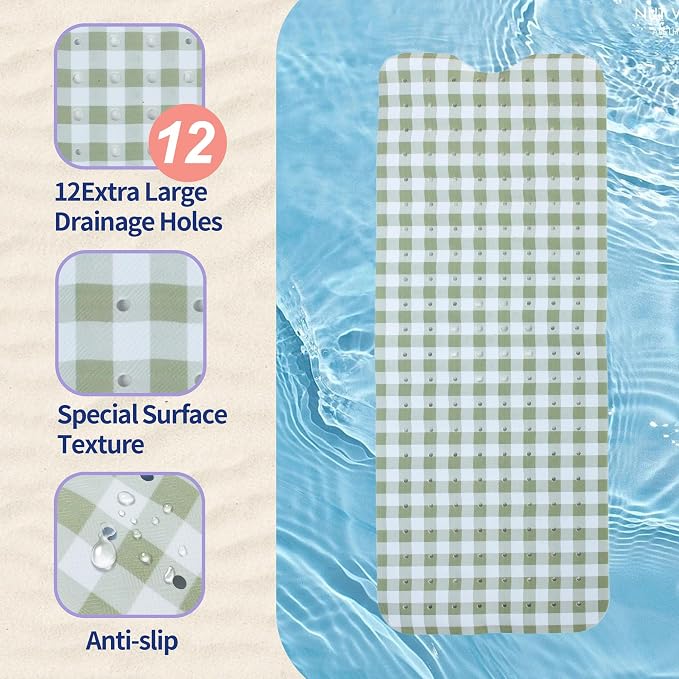 Green Bathtub Mat Non Slip 40x16 Inch Extra Long Bath Mat, Checkered Modern Art Shower Mat, Bath Mat for Tub Anti Slip with Large Drain Holes Suction Cups, Geometric Design Bathroom Mat Green