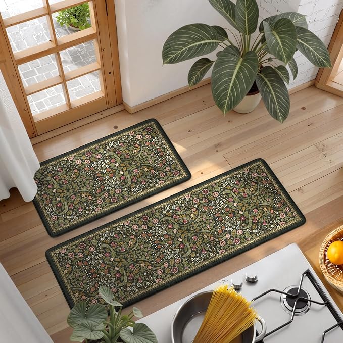 Collive Anti Fatigue Kitchen Mats, Spring Green Floral Kitchen Rugs Sets of 2 Non Slip Waterproof Standing Mat, Washable Vintage Comfort Desk Rug for Office, Sink, Laundry, 17.3"x29"+17.3"x47"