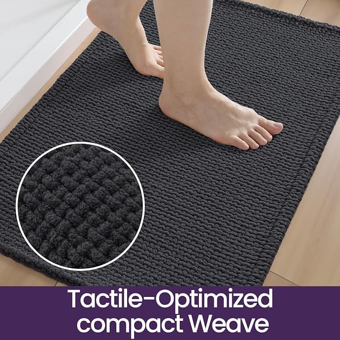 DEXI Bathroom Rugs 24x16, Non Slip Washable Bath Mat, Absorbent Chenille Bathmat, Ultra Soft Thick Carpet for Tub Shower Floor, Dark Grey