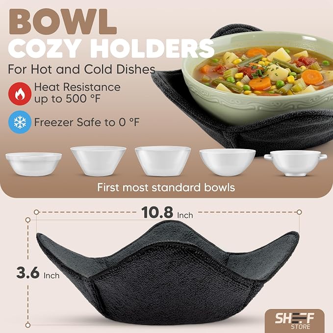 Sheff Set of 4 Plate Cozy Holders - Microwave Plate Holders - Reusable Large Bowl Holders - Washable Microwave Huggers - for Hot and Cold Bowls, Dishes (Black)