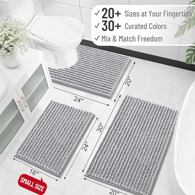 OLANLY Bathroom Rug Mat 44x24, Thick Soft and Absorbent Chenille Bath Mat, Non-Slip Rubber Backing, Machine Washable Quick Dry Bath Rugs for Tub Shower Floor, Home Decor Accessories, Light Grey