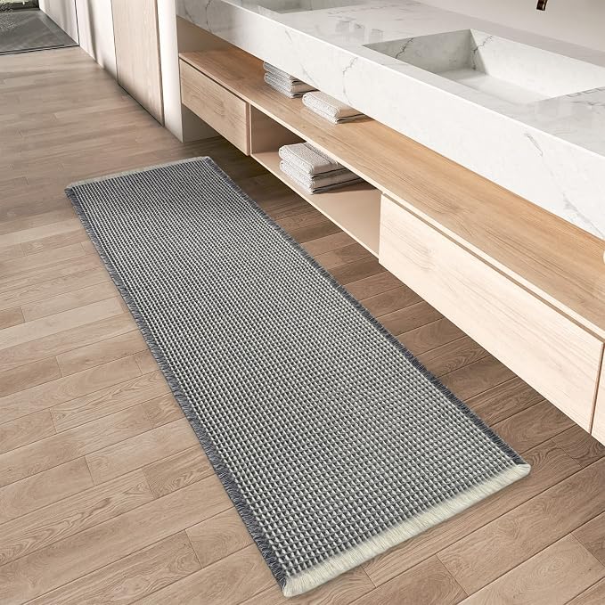 Upgraded Waffle Runner Rug Super Absorbent Non Slip Bath Mats for Bathroom Washable Bathroom Runner Rug with Tassels, Ideal for Hallway Bedroom Laundry Room, Dark Grey & Cream, 2' x 4'(24" x 48")