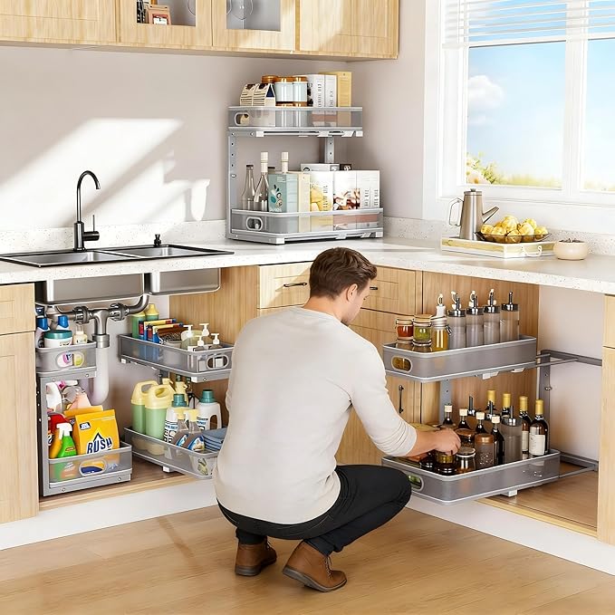 Under Sink Organizer, High Adjustable 2 Tier Under Sink Organizers and Storage, Slide out Metal Cabinet Organizers, Pull out Storage Drawer Shelf for Kitchen Bathroom Cabinet (1, Gray)