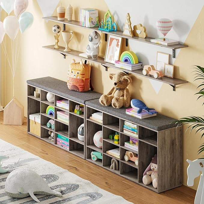 DINZI LVJ Shoe Storage Bench with Cushion, 14-Cubby Shoe Rack, Adjustable Shelves, Multifunctional Shoe Organizer Bench for Entryway, Mudroom, Hallway, Living Room, Bedroom and Garage, Greige
