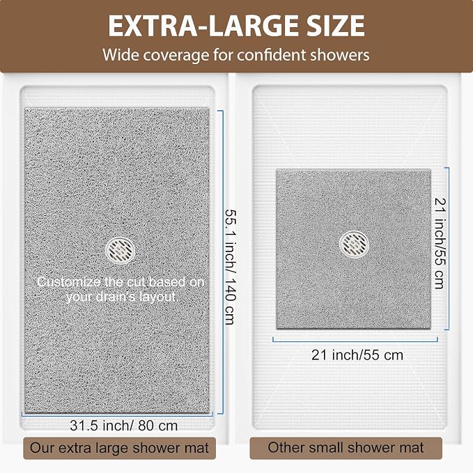 Shower Mat Non Slip: 55 x 31.5 Inch Extra Large Shower Mats for Inside Shower with Drain Hole - Soft PVC Loofah Anti Slip Shower Stall Mat for Walk-in Shower and Bathroom, Quick Drying