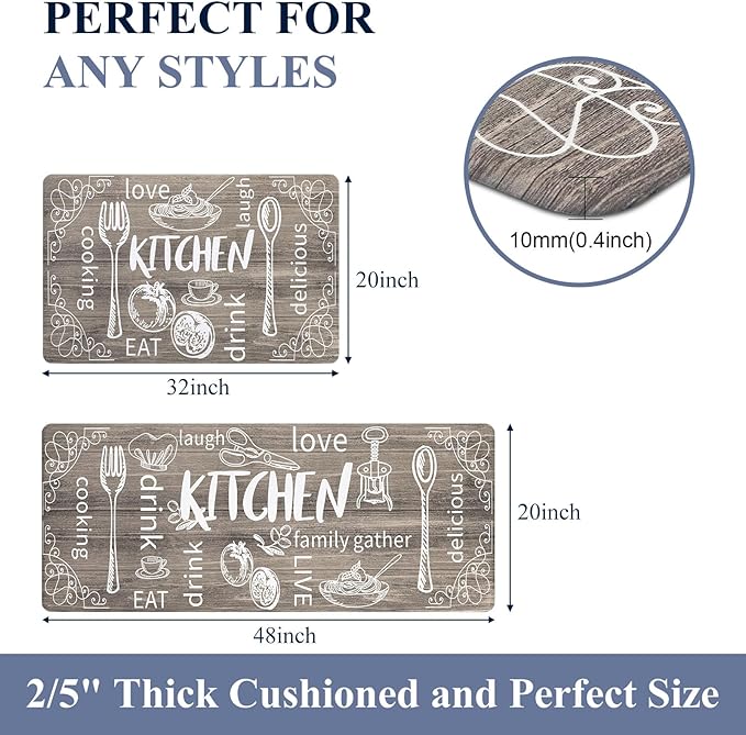 HEBE Kitchen Rugs Set of 2, Cushioned Anti Fatigue Kitchen Mats for Floor, Non Slip Waterproof Comfort Standing Desk Mat Carpet for Sink, Stove, Laundry Room