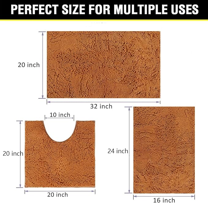 Bathroom Rugs Chenille 3-Piece Extra Soft and Absorbent Shag Bathroom Rugs, Machine Wash Mat, Strong PVC Non-Slip Underside, Plush Carpet Mats (Champagne)
