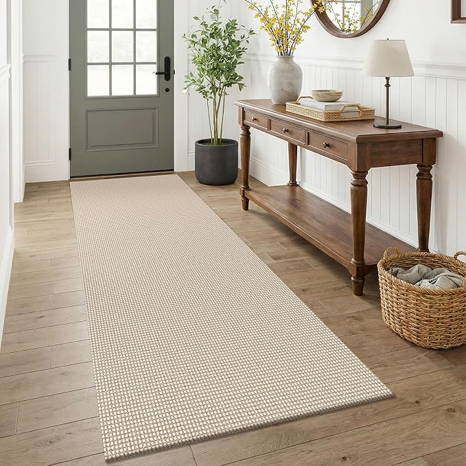 KOZYFLY Woven 3x7 Washable Kitchen Runner Rug, Non Slip Wide Runners for Hallway, Cotton Entryway Runner, Braided Floor Carpet for Entry, Kitchen, Bedside, Hall, Ivory/Camel/Brown
