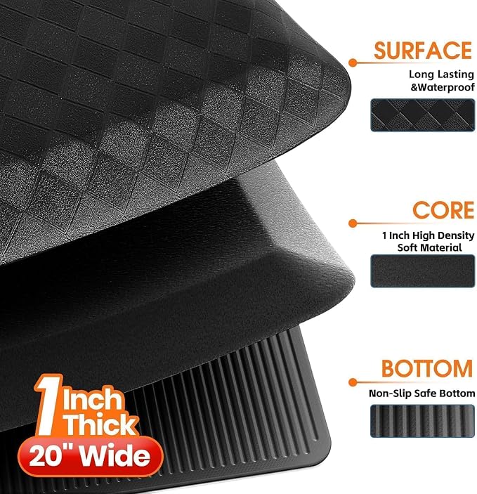 StepRite 1” Thick Kitchen Mats for Floor, Anti Fatigue Kitchen Rugs, Non-Slip,Heavy Duty Water Resistant Kitchen Rug, Standing Desk Mat for Friends, Family, Home, Kitchen, Office (72" x 20", Black)