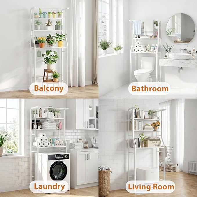 UDEAR 3-Tier Over The Toilet Rack,Bathroom Shelf Space Saver,Corner Stand Storage Organizer Accessories,the Washing Machine,with Hanging Rod,Tower Shelf,White