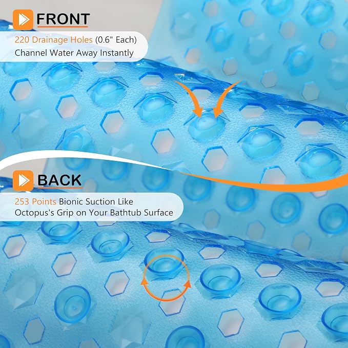 Yimobra Bathtub Mat Non Slip, 34.5"X15.5" Long Shower Mat for Inside Shower, Machine Washable Bath Mat with Drain Holes & Strong Suction Cups, Soft on Feet, Bathroom Essentials, Clear Blue