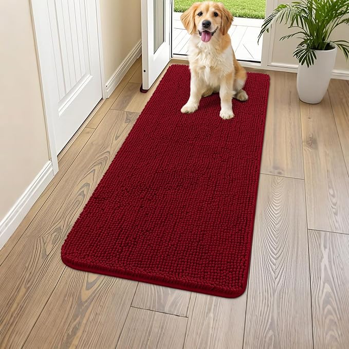 Smiry Dog Door Mat for Muddy Paws 47x24, Absorbent Dirt Trapper, Non-Slip Washable Chenille Entryway Rug for Inside Floor, Red, Classic Solid