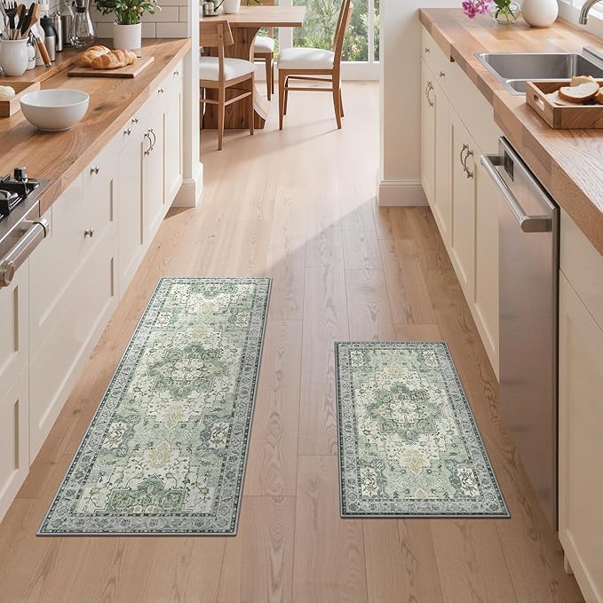 GENIMO Kitchen Rugs Non Slip Washable, 2PCS Kitchen Mats for Floor, Cushioned Standing Mat, Kitchen Runner Rug Floor Mat for Kitchen Decor, Laundry, Sink, Entryway, Home, 20"x32"+20"x48", Light Green