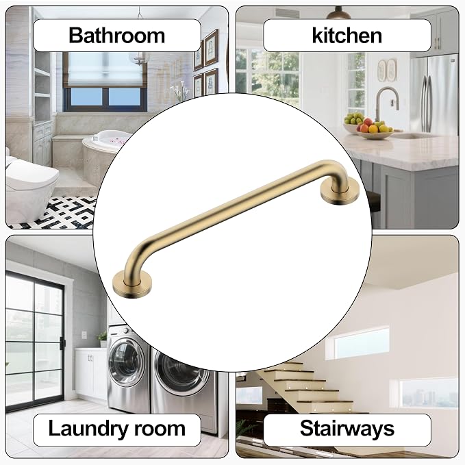 16 Inch Grab Bar 304 Stainless Steel Anti-Slip Bathroom Safety Handrail Wall Mount Assist Grip for Elderly Handicap Bathtub Shower Toilet,GB-4023-BG,Brushed Gold
