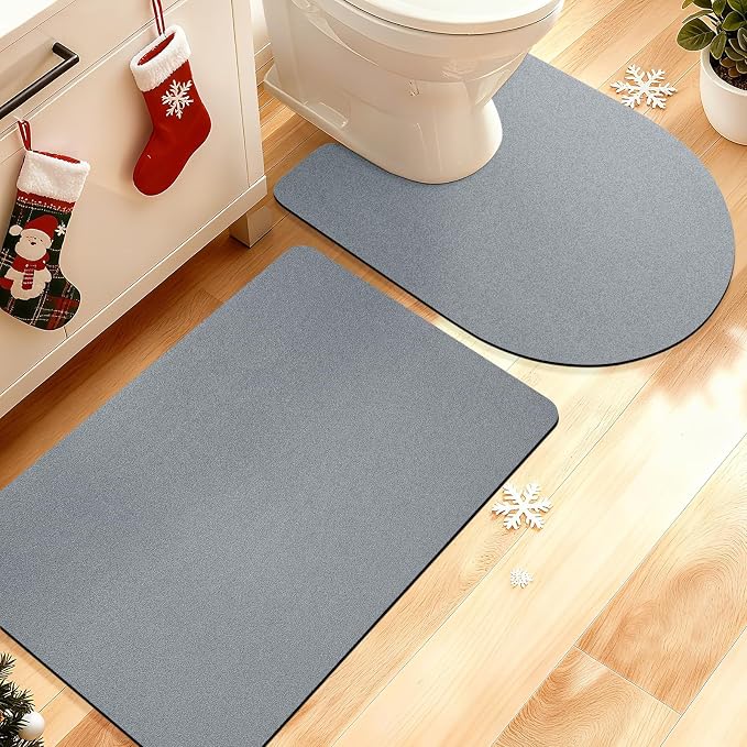 ACCUMTEK Non Slip Bath Mat, Thin Bathroom Rugs Fit Under Door, Quick Dry Bath Mats, Machine Washable Bath Rugs for Bathroom, Bathtub & Kitchen, Bathtub & Kitchen, Grey/Solid/2 Piece