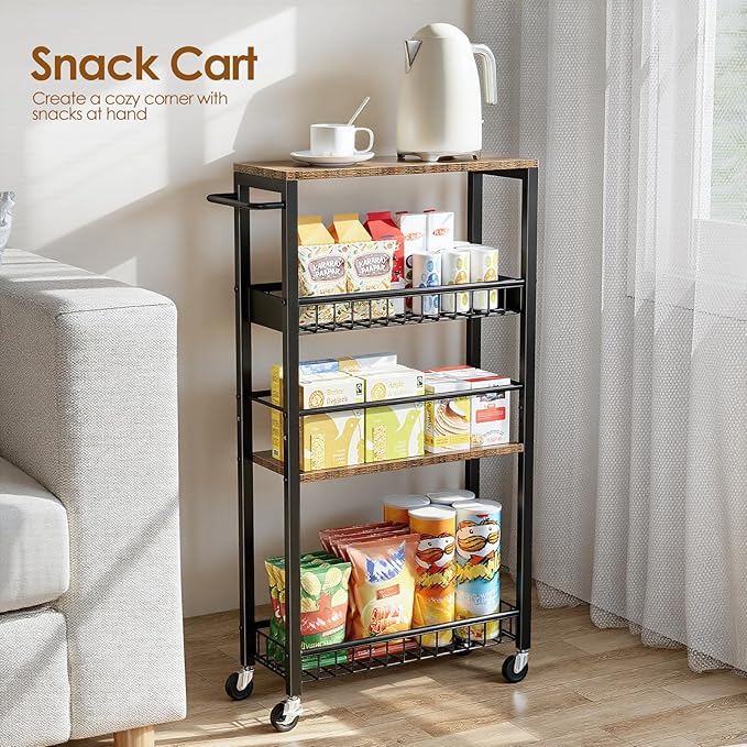 Slim Storage Rolling Cart, 4 Tier Narrow Cart with Wheels, Metal Kitchen Rolling Cart for Small Spaces, Slide Out Storage Shelves for Kitchen, Laundry Room, Bathroom, Living Room, 7.1in(W)