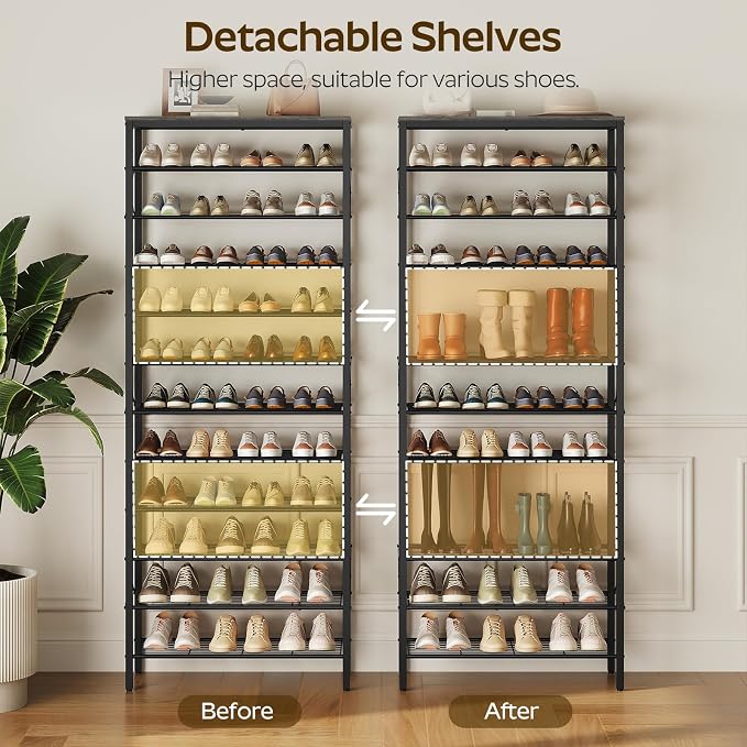 YATINEY 12 Tier Shoe Rack, Large Capacity Shoe Storage Organizer Holds 48 Pairs, Sturdy and Stable, for Entryway, Hallway, Closet, Dorm Room, Charcoal and Black SS12BC