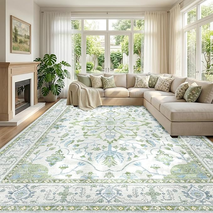 RELEANY Area Rugs Large 9'x12' Washable Non-Slip, Floral Vintage Distress Medallion Carpet for Living Room Bedroom Dining Room, Green White Blue