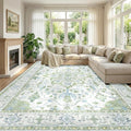 RELEANY Area Rugs Large 9'x12' Washable Non-Slip, Floral Vintage Distress Medallion Carpet for Living Room Bedroom Dining Room, Green White Blue