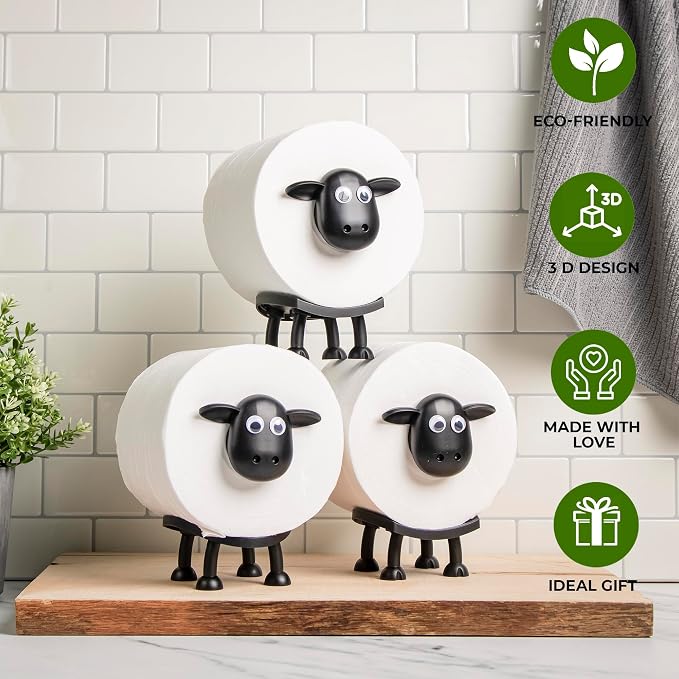 VELENTI Sheep Toilet Roll Holder - Funny Toilet Paper Holders Free Standing Cute Bathroom Decor - Premium 3D Printed Black Sheep Loo Rolls Holder - Hilarious Tissue Paper Roll Storage - Set of 3