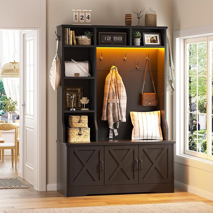 CSZZD Hall Tree with Bench and Shoe Storage, Farmhouse Entryway Bench with Coat Racks and Led Lights, Black Tall Hall Tree with 7 Coat Hooks, 6 Storage Cubbies, Adjustable Shelf