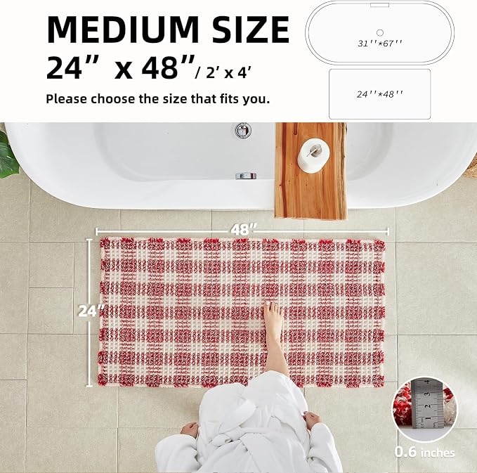 TYUU Waffle Bath Mat, Boho Christmas Bathroom Rugs Non Slip Washable Absorbent Checkered Bathroom Mat Quick Dry Cute Bath Mat, 36"x24" Red and White
