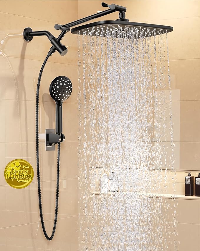 Veken 11.8" Rain Shower Head with Handheld, High Pressure Handheld Shower Heads with Multi Spray Modes, Rainfall Combo with 15" Metal Extension Arm,Detachable Dual Shower, Long 6 ft. Hose,Matte Black
