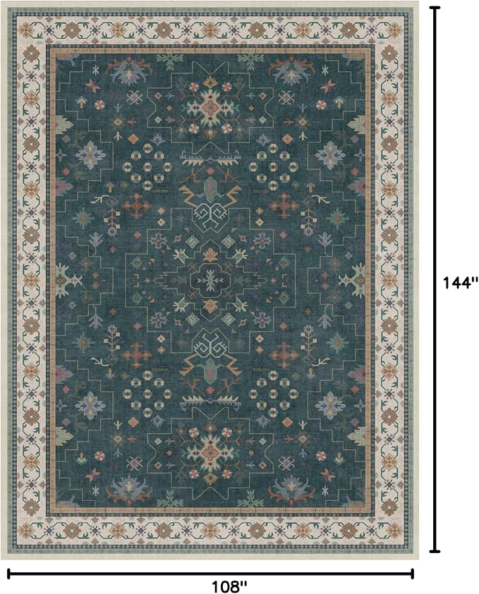 Hazo Haus Dark Green Vintage Living Room Rug 9x12 - Boho Unique Floral Victorian Decor, Washable Low Pile Non-Slip Extra Large Area Rugs for Dining Under Table Bedroom
