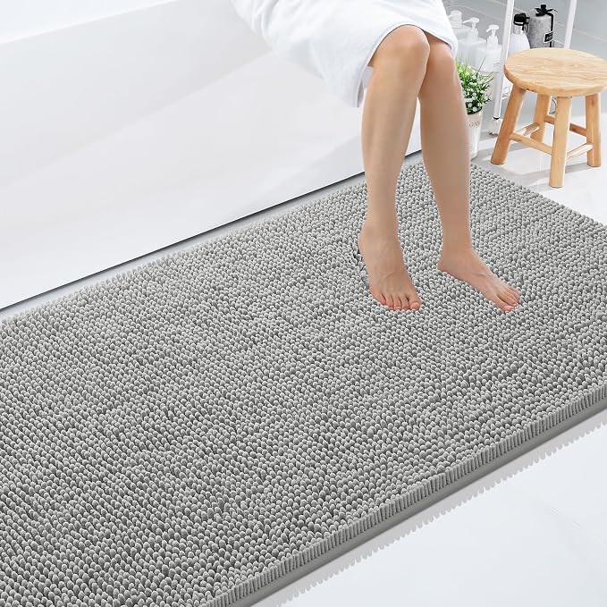 Smiry Luxury Chenille Bathroom Rugs 59x35, Extra Soft and Absorbent Shaggy Bath Mat, Machine Washable, Non-Slip Plush Carpet Runner for Tub, Shower, and Floor, Home Decor Accessories, Light Grey