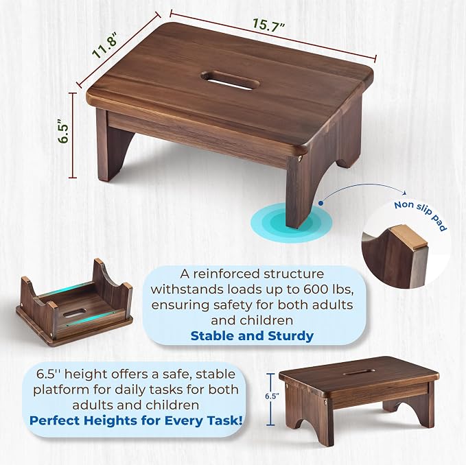 FANATU Wooden Step Stool, 6.5'' One Step Stool for Adults,Wooden Beside Step Platform with 550 Lbs Load Capacity, Heavy Duty/Portable/Nonslip/Durable Construction Safe Step Support for Bedroom/Kitchen
