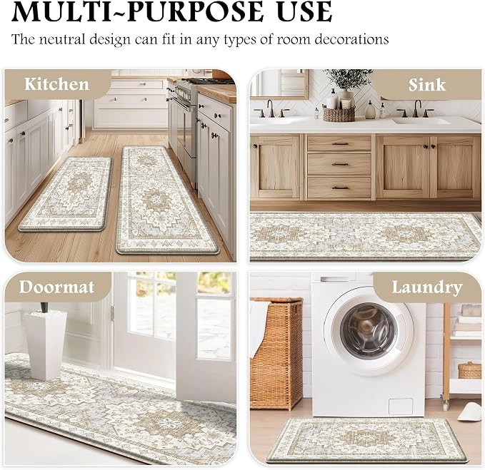 Boho Kitchen Mats for Floor 2 Piece Set Anti Fatigue Cushioned PVC Kitchen Rugs Non Slip Waterproof Farmhouse Mats 2/5 Inch Comfort Standing Mat for Sink, Laundry, 23.6"x39"+23.6"x59",C4