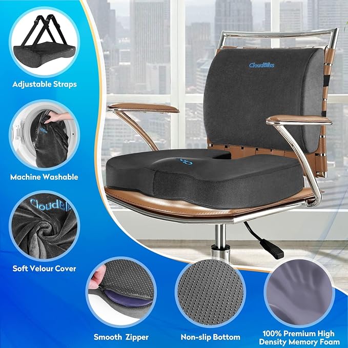 CloudBliss Lumbar Support Pillow & Seat Cushion Set for Office Chair, Desk Chair, Wheelchair & Car–Memory Foam Back Support, Ergonomic Chair Cushions,Sciatica Pain Relief,Home Essentials(Grey,XL)