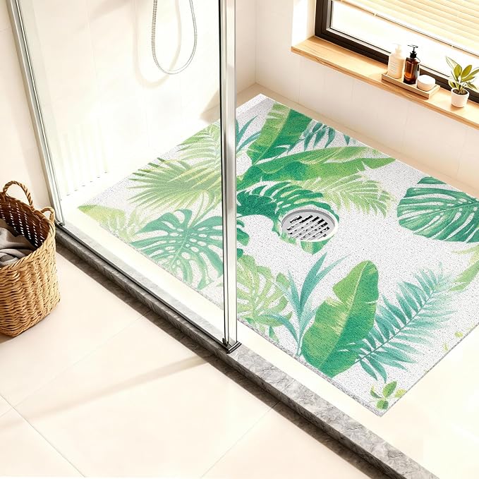 Non Slip Shower Mat: 47.2x31.5 Inch Extra Large Shower Mats for Inside Shower with Drain Hole in Middle - Soft PVC Loofah Anti Slip Shower Floor Mat for Standing and Walk-in Shower, Quick Drying