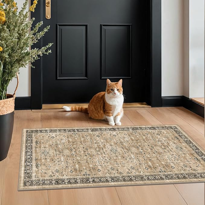 Vintage Boho 2x4 Area Rug for Entryway - Washable Taupe Sage Kitchen Rug for the Floor, Low Pile Non-Slip Rugs for Bathroom, Earthy Geometric Decor & Stain Resistance