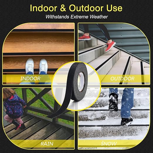 S&X Anti Slip Tape 1 Inch x 60 FT Roll, Black, Grit 60, Extended Length Non-Slip Skid Grip Tape for Outdoor Stair Treads, Wooden Steps & Exterior Grips – Waterproof, Long-Lasting Tread Strips