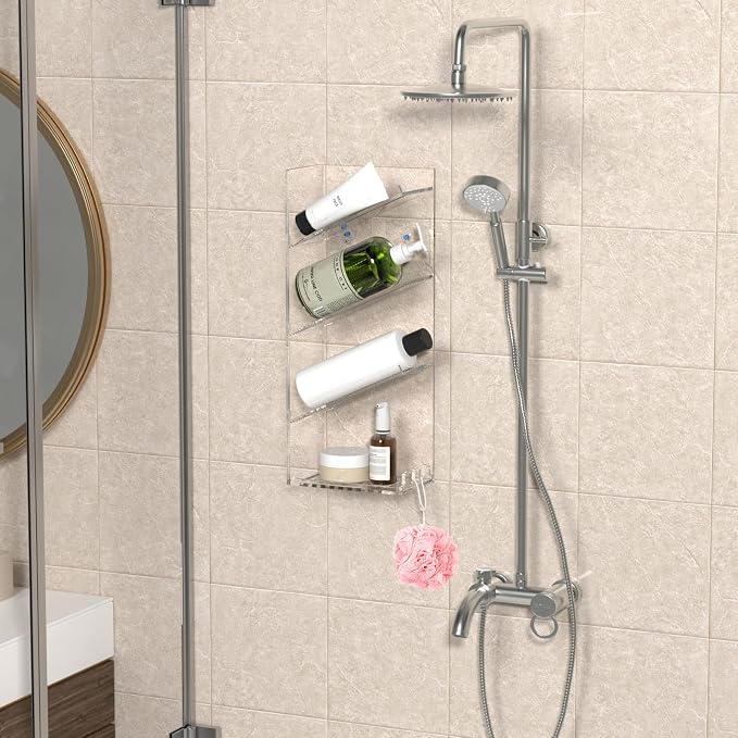 AITEE Acrylic Bathroom Organizer Shower Caddy, Clear Shampoo Holder Wall Mounted with Suction Cup, No Drilling and Rustproof, Sturdy and Durable - One Shelf