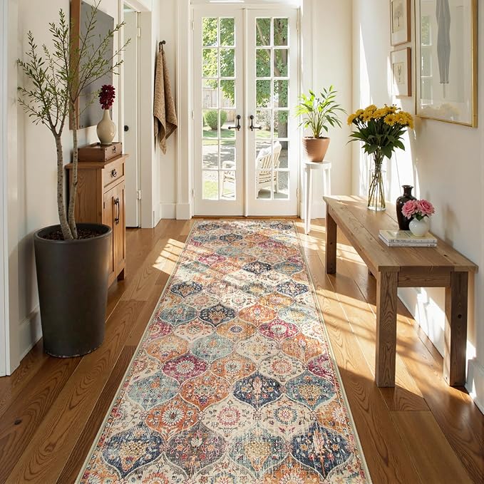 Lahome Moroccan Trellis Washable Runner Rug, 2x6 Kitchen Runners for Hallways 6 Feet Non Slip, Vintage Laundry Room Rug Ultra-Thin Carpet for Bathroom Bedroom Entryway Elise, Cream/Multi