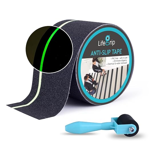 LifeGrip Anti Slip Traction Tape with Glow in Dark Green Stripe, 4 Inch x 40 Foot - Best Grip, Friction for Stairs, Tread Step, Black (4 inch X 40 feet Tape)