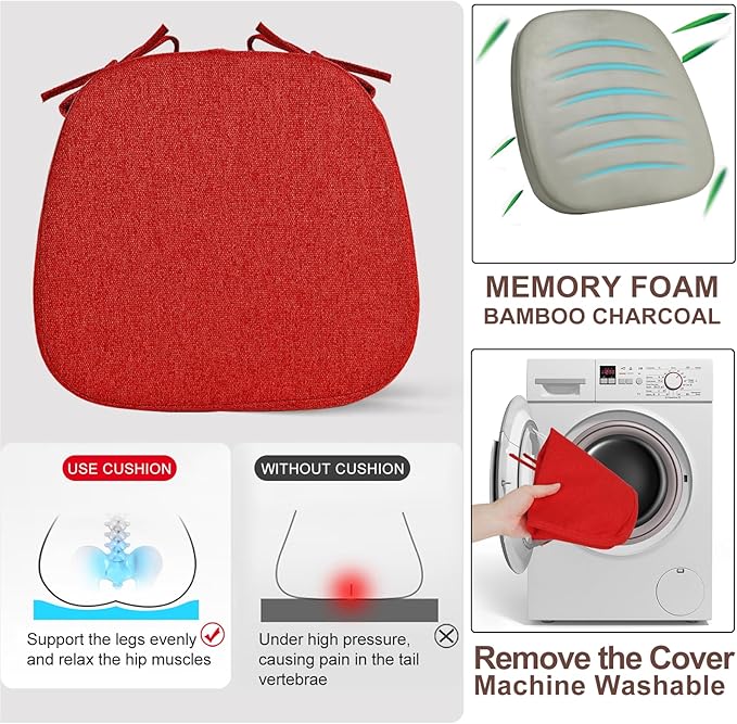 SINOSSO 6 Pack Memory Foam Chair Cushions for Dining Chairs, Friendly Woven Fabric 16" U-Shape Comfortable Kitchen Chair Pads, Removable Slip Resistant Seat Cushions (Set of 6, Red)