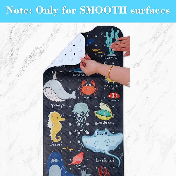 Secopad Bath Mat for Tub Non Slip, Machine Washable Anti-Slip Cartoon Baby Bathtub Shower Mat with Drain Holes and Suction Cups for Toddler & Kids, 40 Inch x 16 Inch, Navy Sea Animals