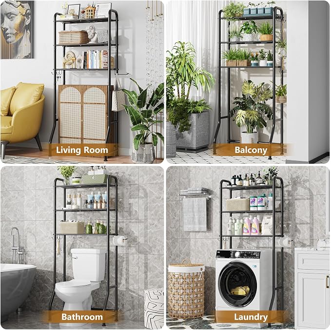 Simple Trending Over The Toilet Storage Rack, Metal 3 Tier Bathroom Organizer Shelf with Paper Holder and 3 Hooks, Freestanding Shelf Space Saver Above Toilet,Black