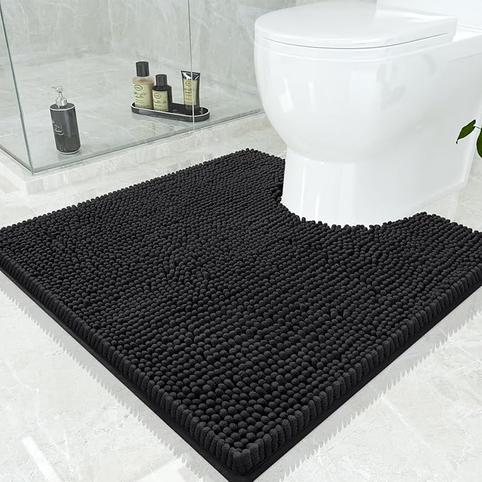 Smiry Luxury Chenille Toilet Rugs U-Shaped 24x24, Soft Absorbent Non-Slip Contour Bathroom Rugs for Toilet, Machine Washable Contoured Bath Mats, Black
